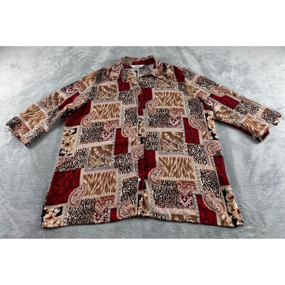 Alia Womens 16W Button Up Blouse Patchwork Animal Paisley Print 3/4 Sleeve Red